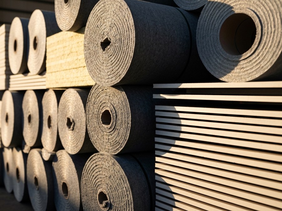 Rotoli di membrane bituminose di alta qualità su un cantiere edile.