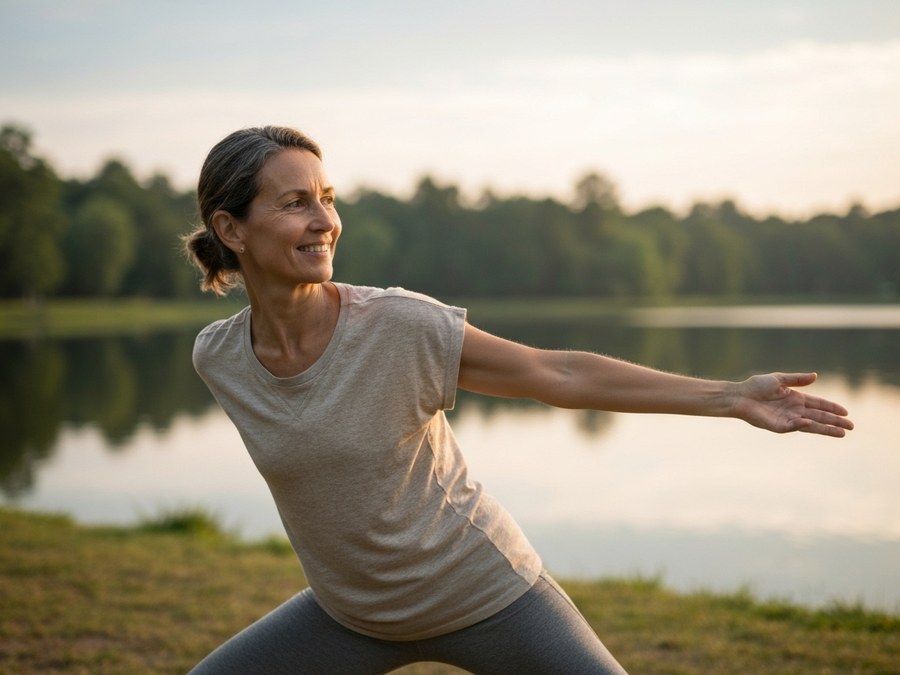 Persona adulta di mezza età che fa stretching all'aperto in un parco, con espressione serena.
